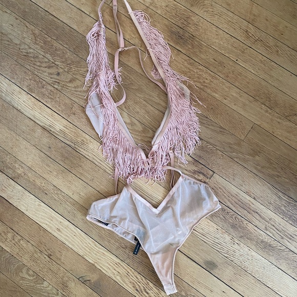 Nasty Gal Other - Nasty Gal fringe bodysuit M nwot tan sheer sexy look